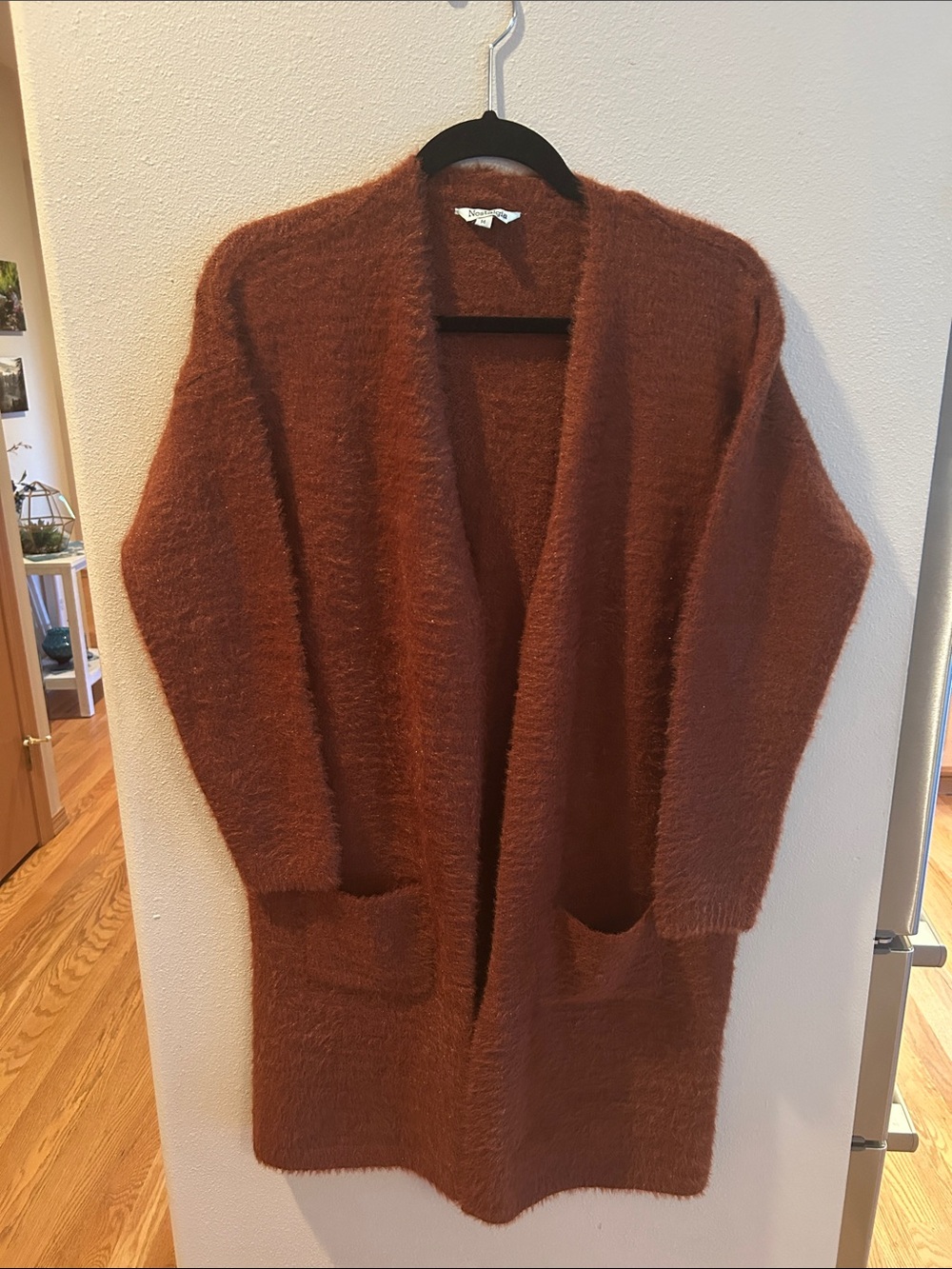 Nostalgia Open-Front Fuzzy Cardigan in Rust Brown